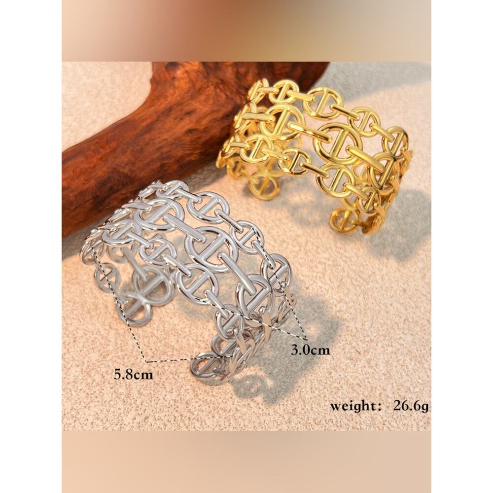 Silver Mariner Pignose Link Chain Open Cuff Bangle Ring Bracelet Set - Picture 4 of 8